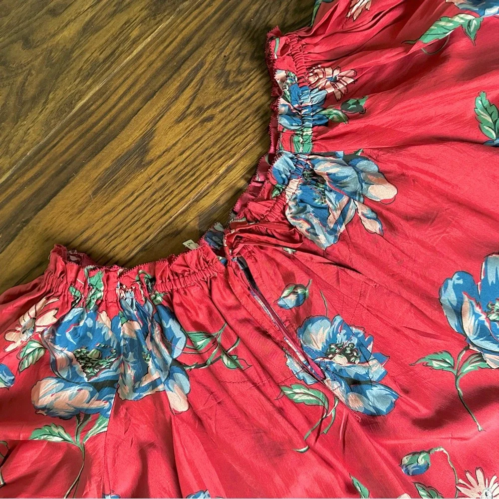 THE GREAT. Red Floral Puff-Sleeve silk Blouse - Picture 7 of 10